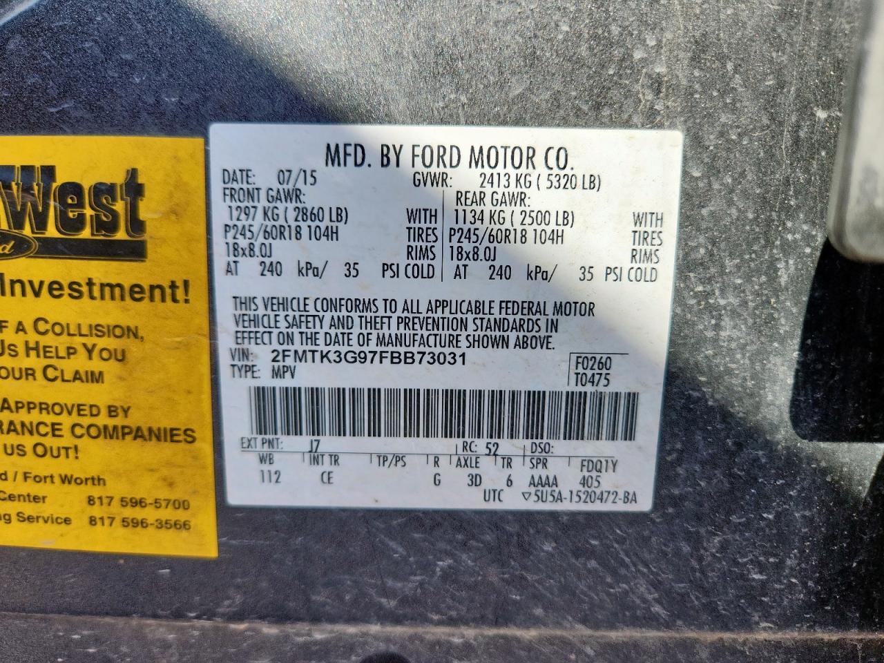 2015 Ford Edge Se VIN: 2FMTK3G97FBB73031 Lot: 80110765