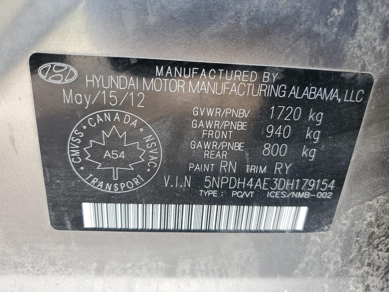 2013 Hyundai Elantra Gls VIN: 5NPDH4AE3DH179154 Lot: 82121875