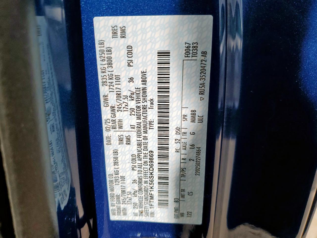 2025 Ford F150 Xl VIN: 1FTMF1K56SKD69869 Lot: 81104545