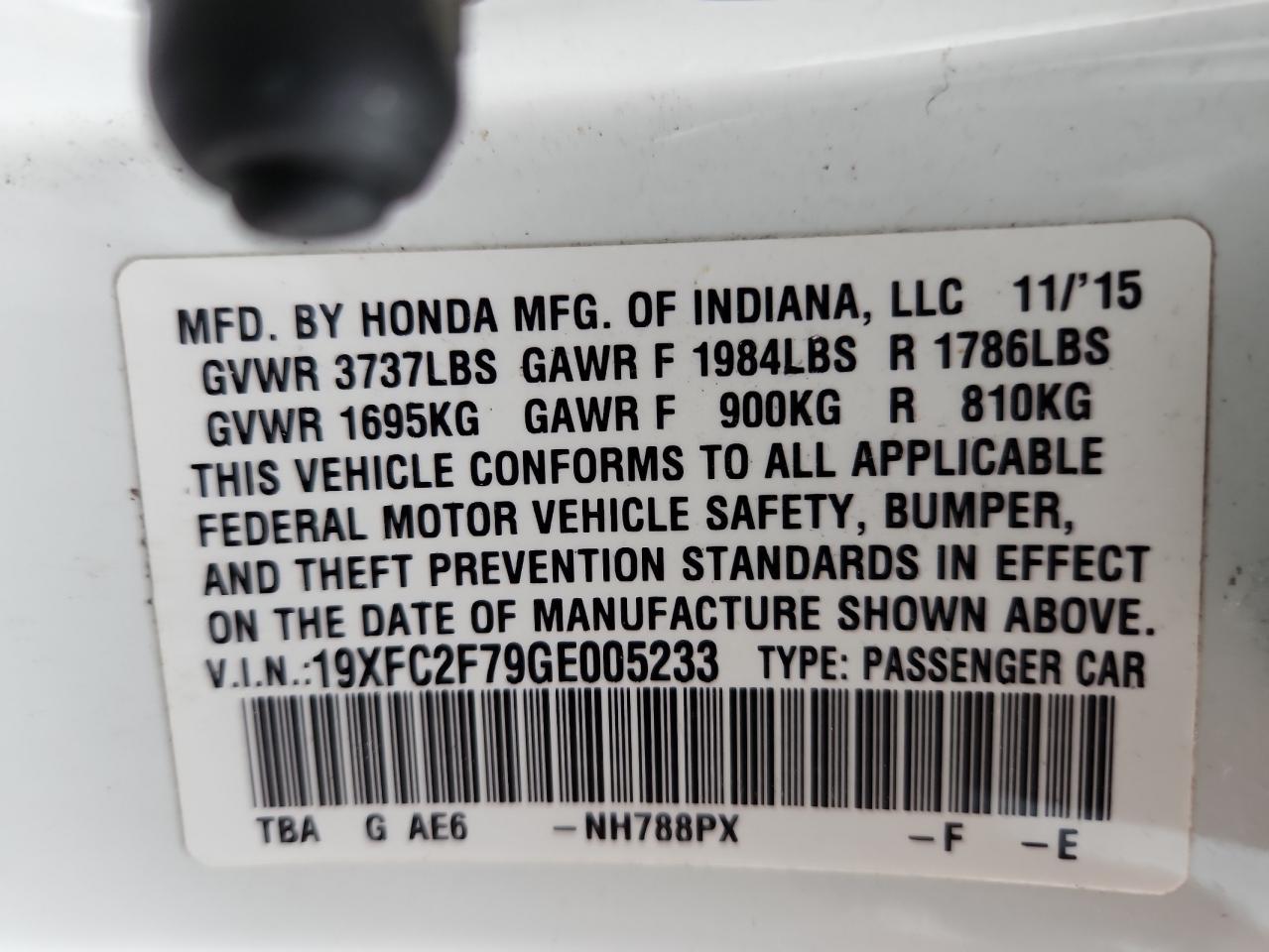 2016 Honda Civic Ex VIN: 19XFC2F79GE005233 Lot: 80632305