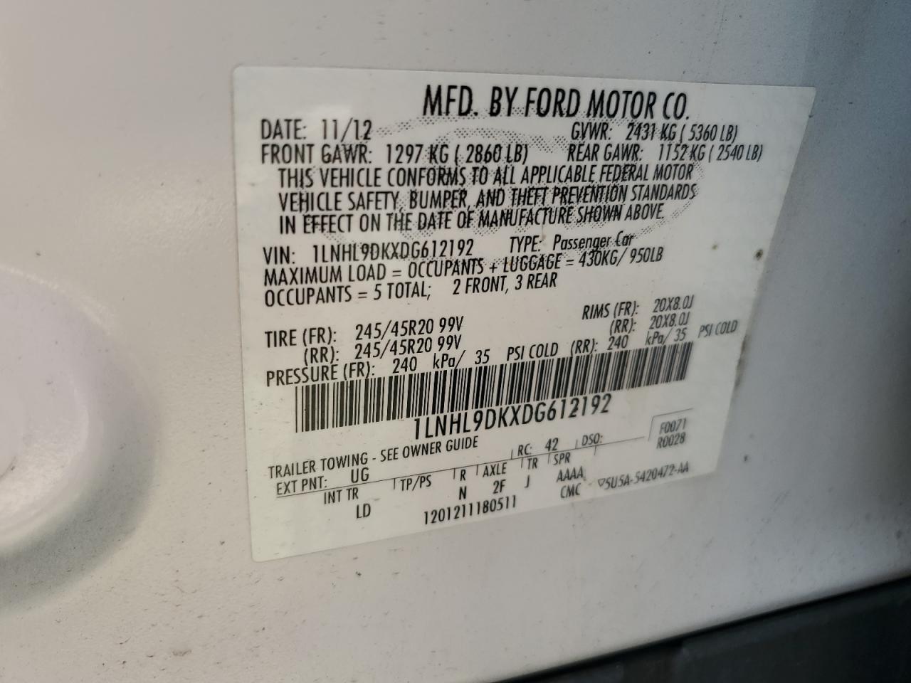 2013 Lincoln Mks VIN: 1LNHL9DKXDG612192 Lot: 84640545