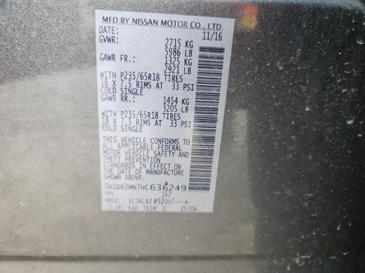 2017 Nissan Pathfinder S VIN: 5N1DR2MN7HC636249 Lot: 71837945