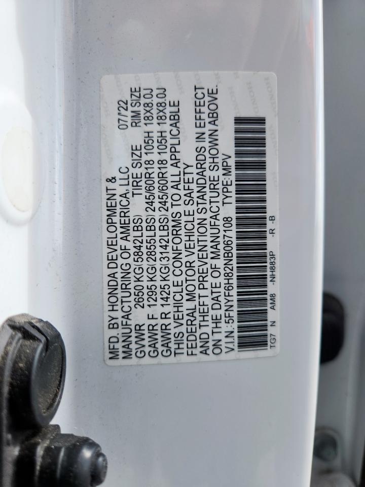 2022 Honda Pilot Trailsport VIN: 5FNYF6H82NB067108 Lot: 84191735