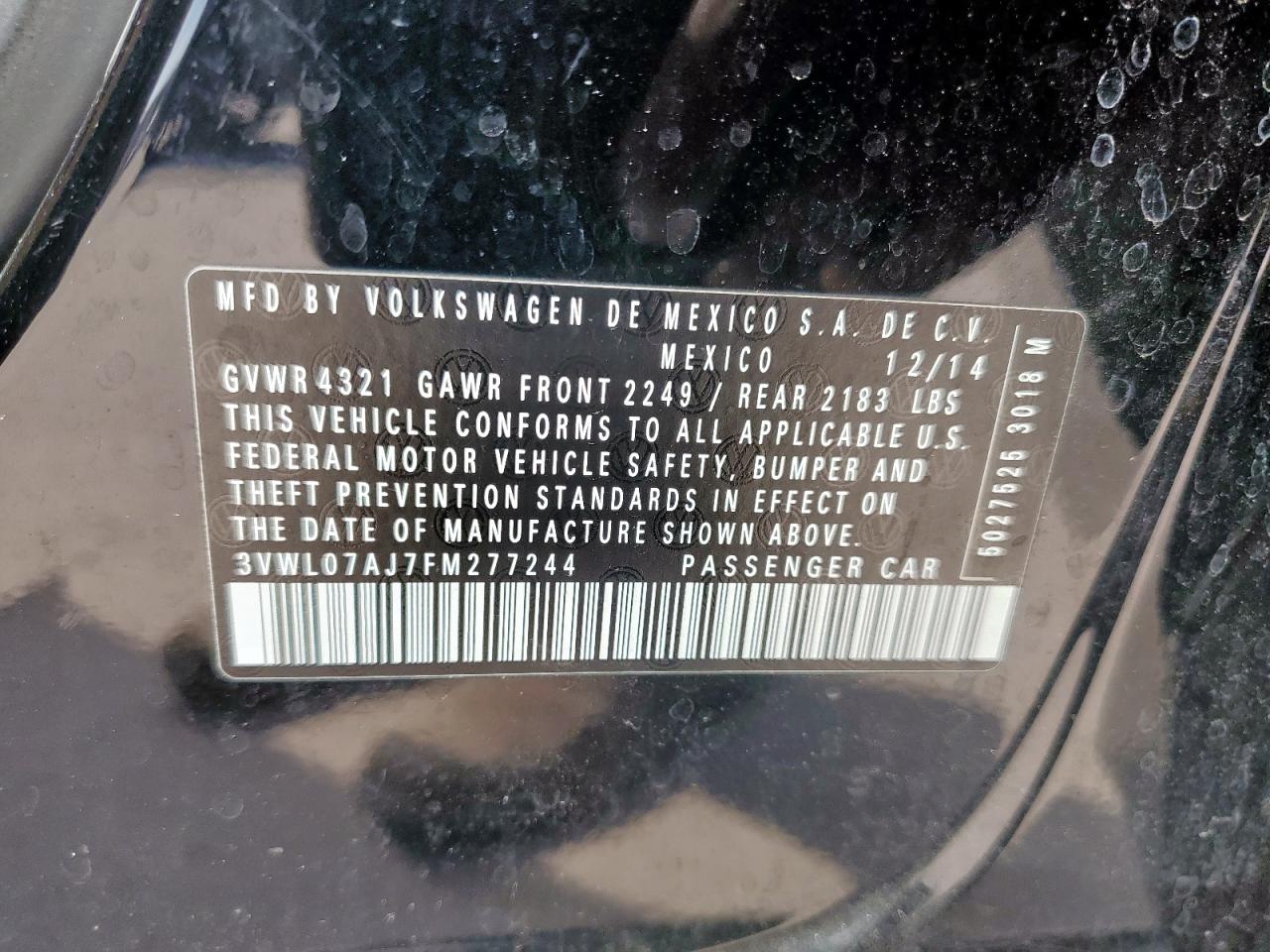 2015 Volkswagen Jetta Sel VIN: 3VWL07AJ7FM277244 Lot: 84810515