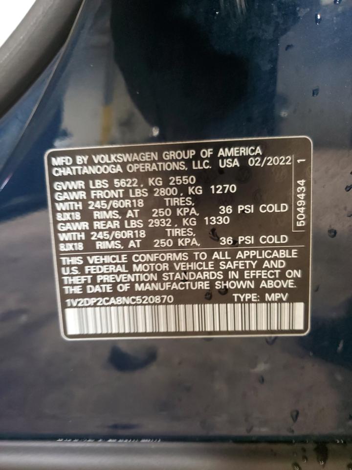 2022 Volkswagen Atlas Se VIN: 1V2DP2CA8NC520870 Lot: 83936415