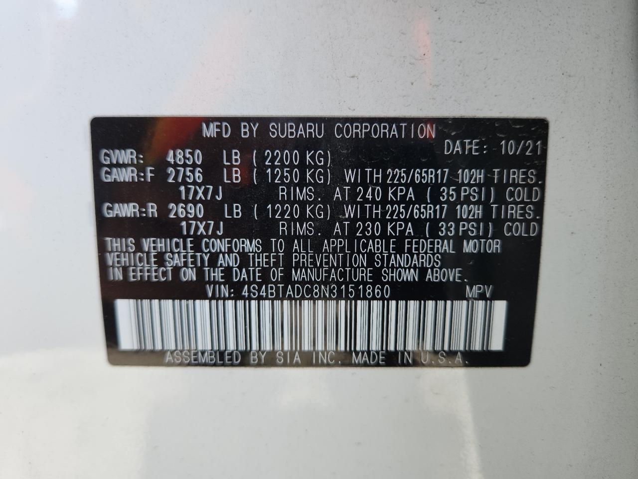 2022 Subaru Outback Premium VIN: 4S4BTADC8N3151860 Lot: 71563155