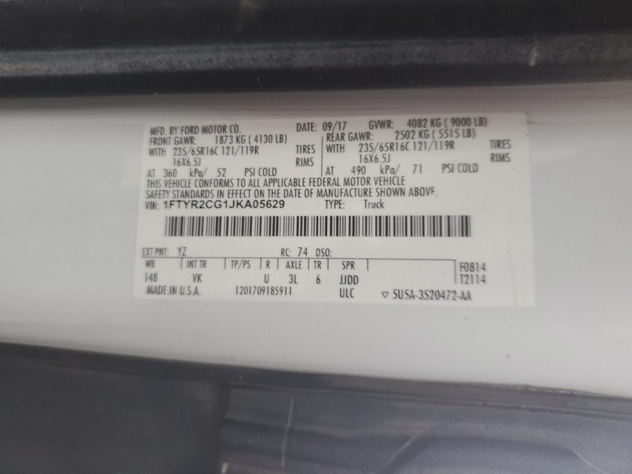 2018 Ford Transit T-250 VIN: 1FTYR2CG1JKA05629 Lot: 80786275