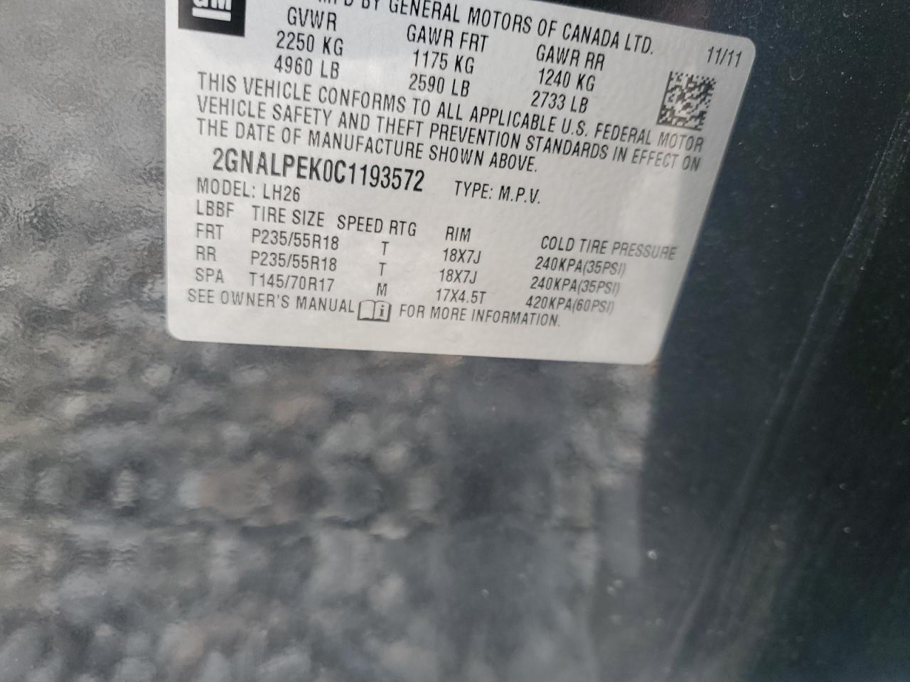 2012 Chevrolet Equinox Lt VIN: 2GNALPEK0C1193572 Lot: 81787115