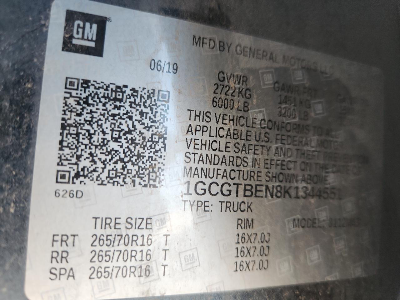 2019 Chevrolet Colorado VIN: 1GCGTBEN8K1344551 Lot: 82050115