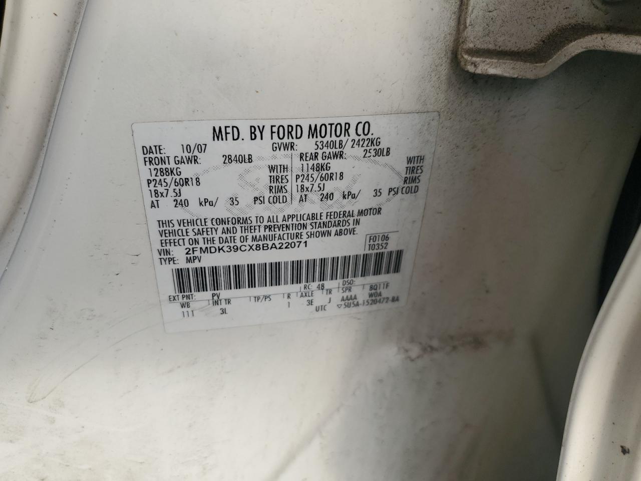 2008 Ford Edge Limited VIN: 2FMDK39CX8BA22071 Lot: 81558335