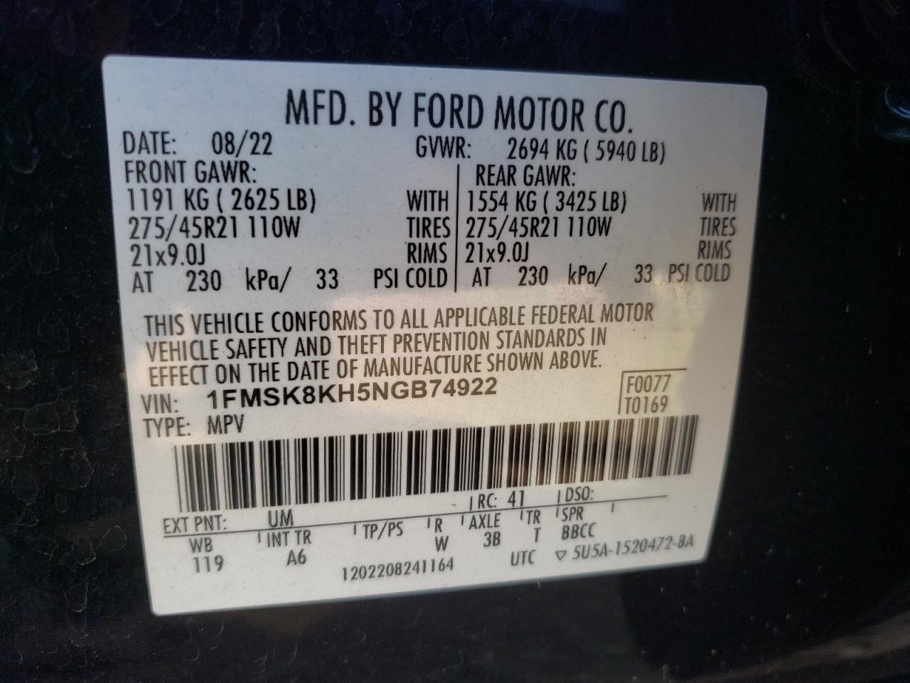 2022 Ford Explorer St-Line VIN: 1FMSK8KH5NGB74922 Lot: 70454365