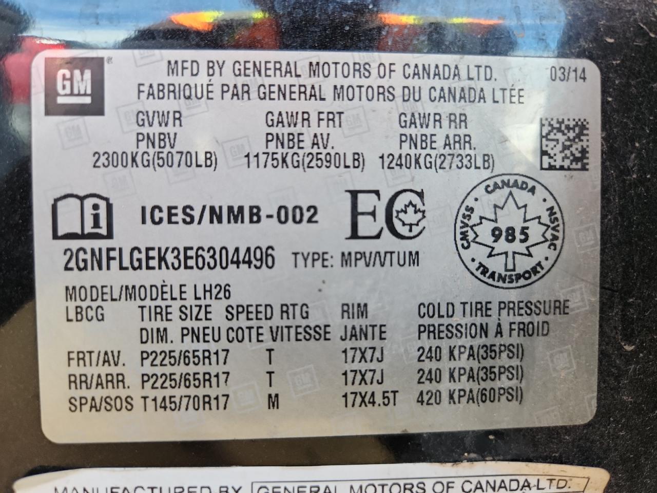 2014 Chevrolet Equinox Lt VIN: 2GNFLGEK3E6304496 Lot: 71773835