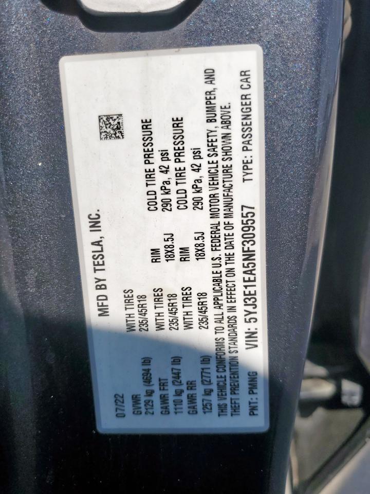 2022 Tesla Model 3 VIN: 5YJ3E1EA5NF309557 Lot: 80353195