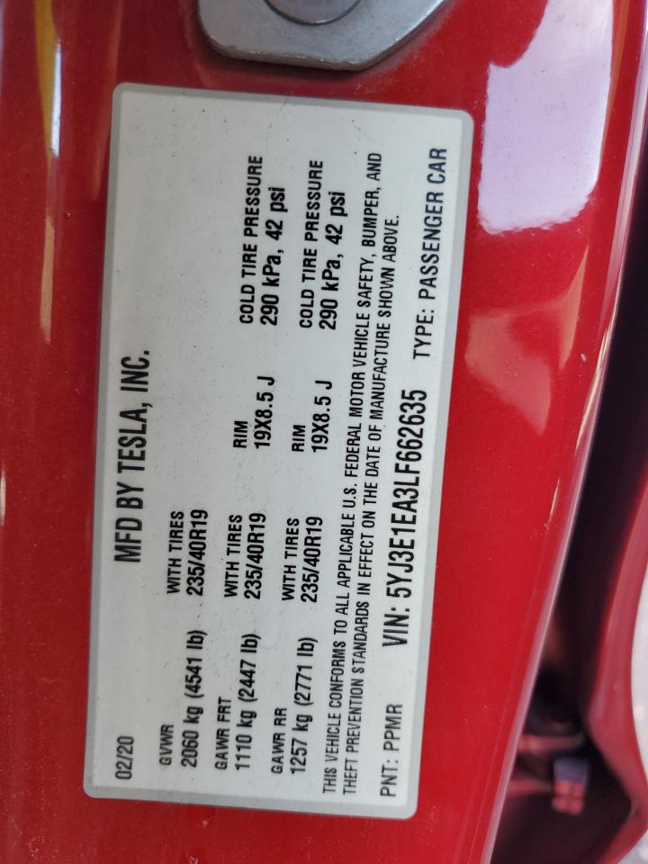 2020 Tesla Model 3 VIN: 5YJ3E1EA3LF662635 Lot: 80197315