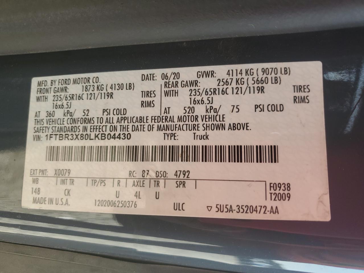 2020 Ford Transit T-250 VIN: 1FTBR3X80LKB04430 Lot: 71588315