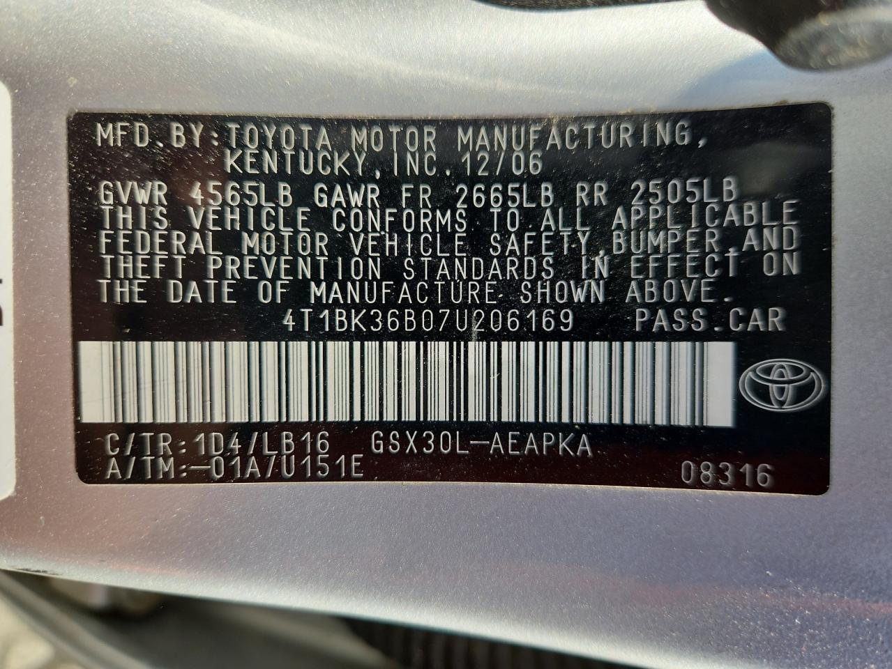 2007 Toyota Avalon Xl VIN: 4T1BK36B07U206169 Lot: 83822015