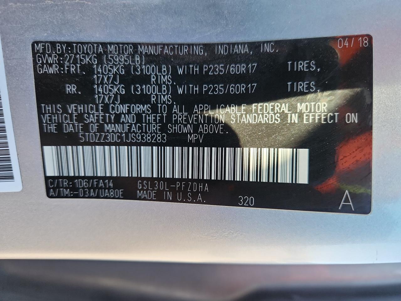 2018 Toyota Sienna L VIN: 5TDZZ3DC1JS938283 Lot: 82075715