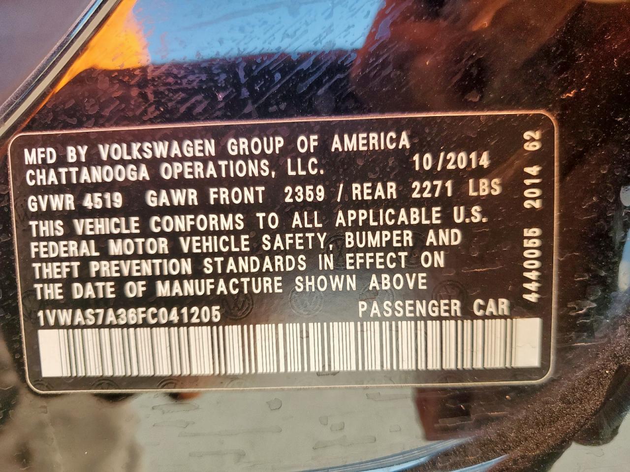 2015 Volkswagen Passat S VIN: 1VWAS7A36FC041205 Lot: 81465065