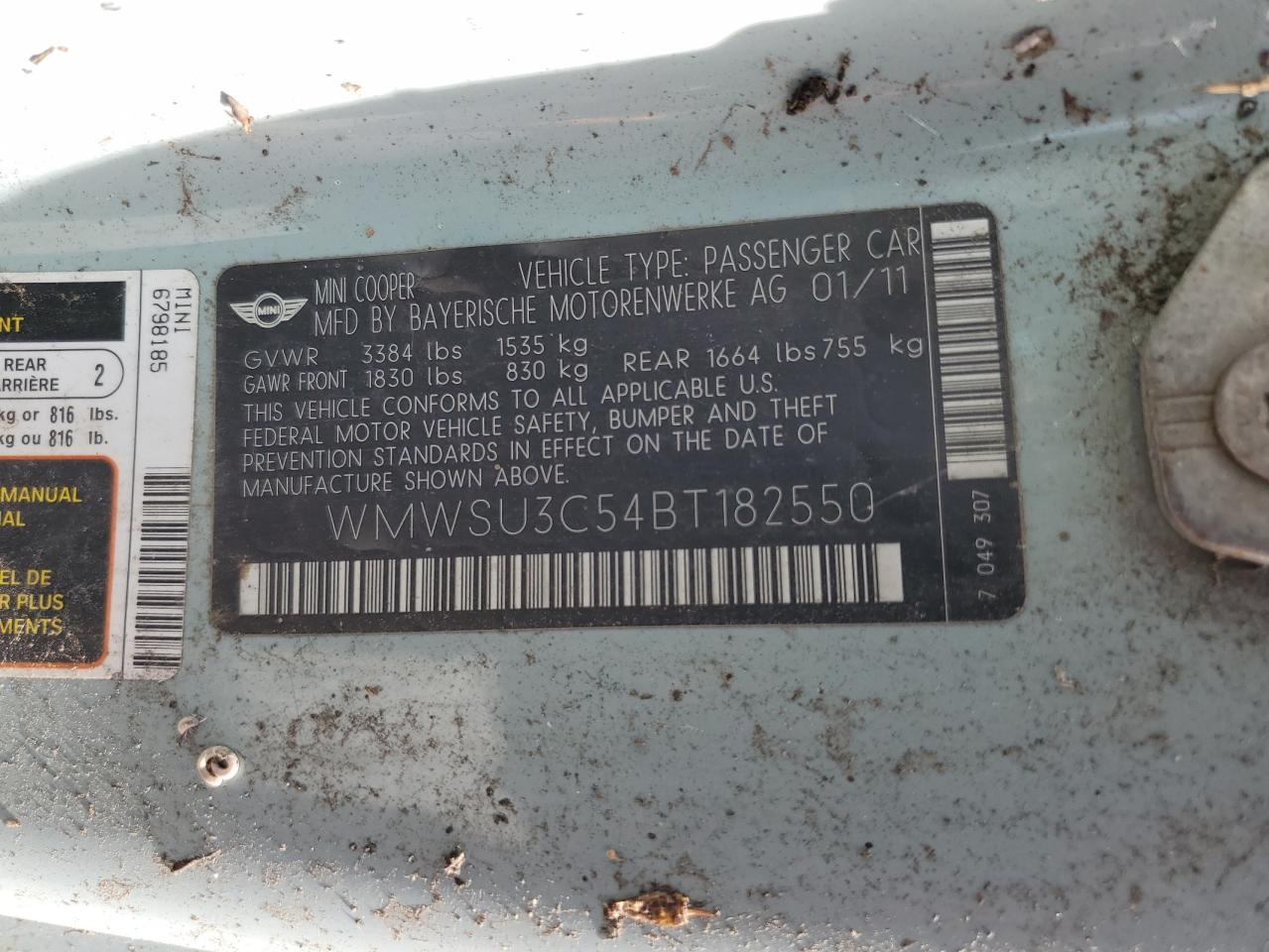 2011 Mini Cooper VIN: WMWSU3C54BT182550 Lot: 80664745