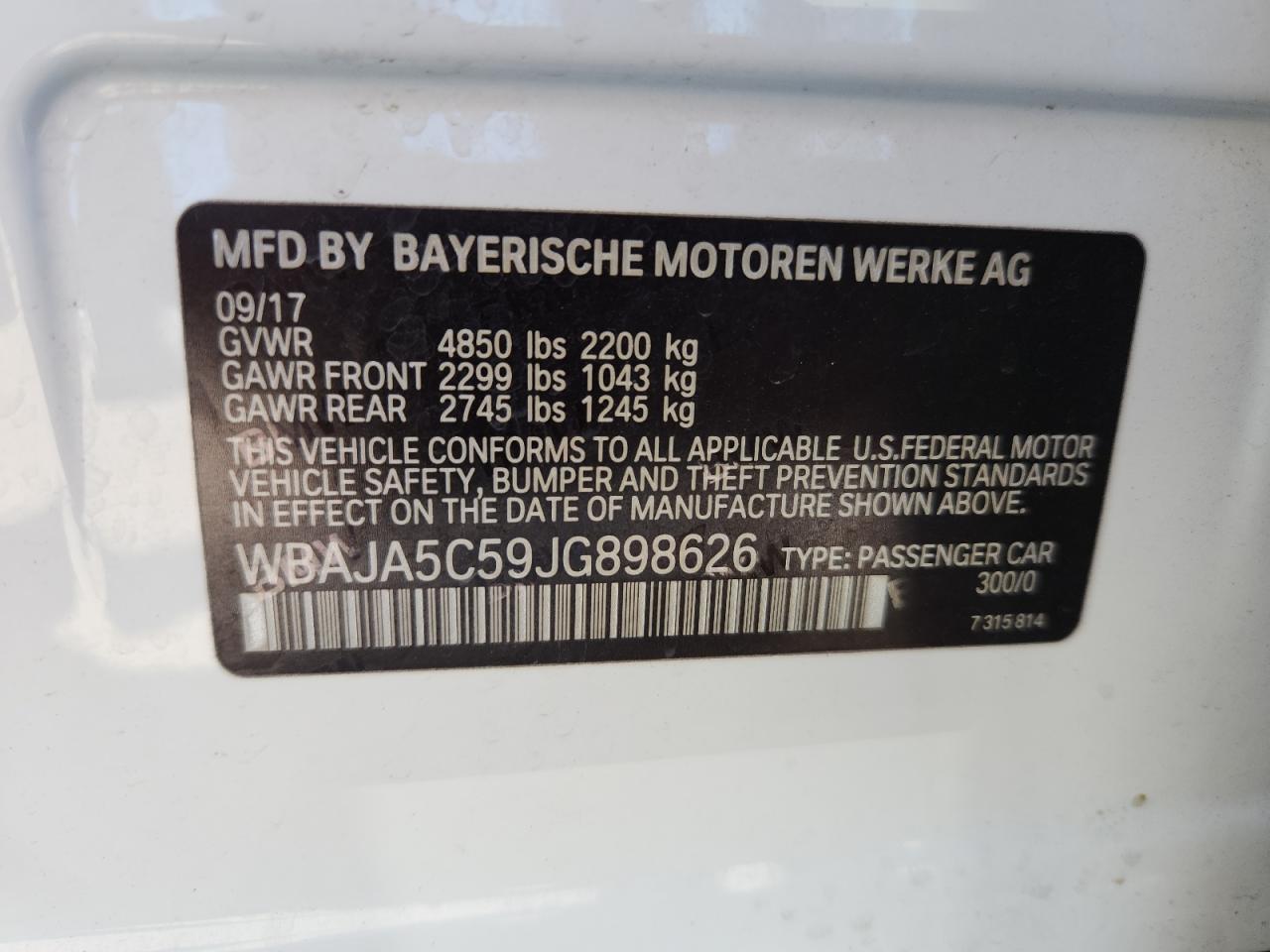 2018 BMW 530 I VIN: WBAJA5C59JG898626 Lot: 71232805