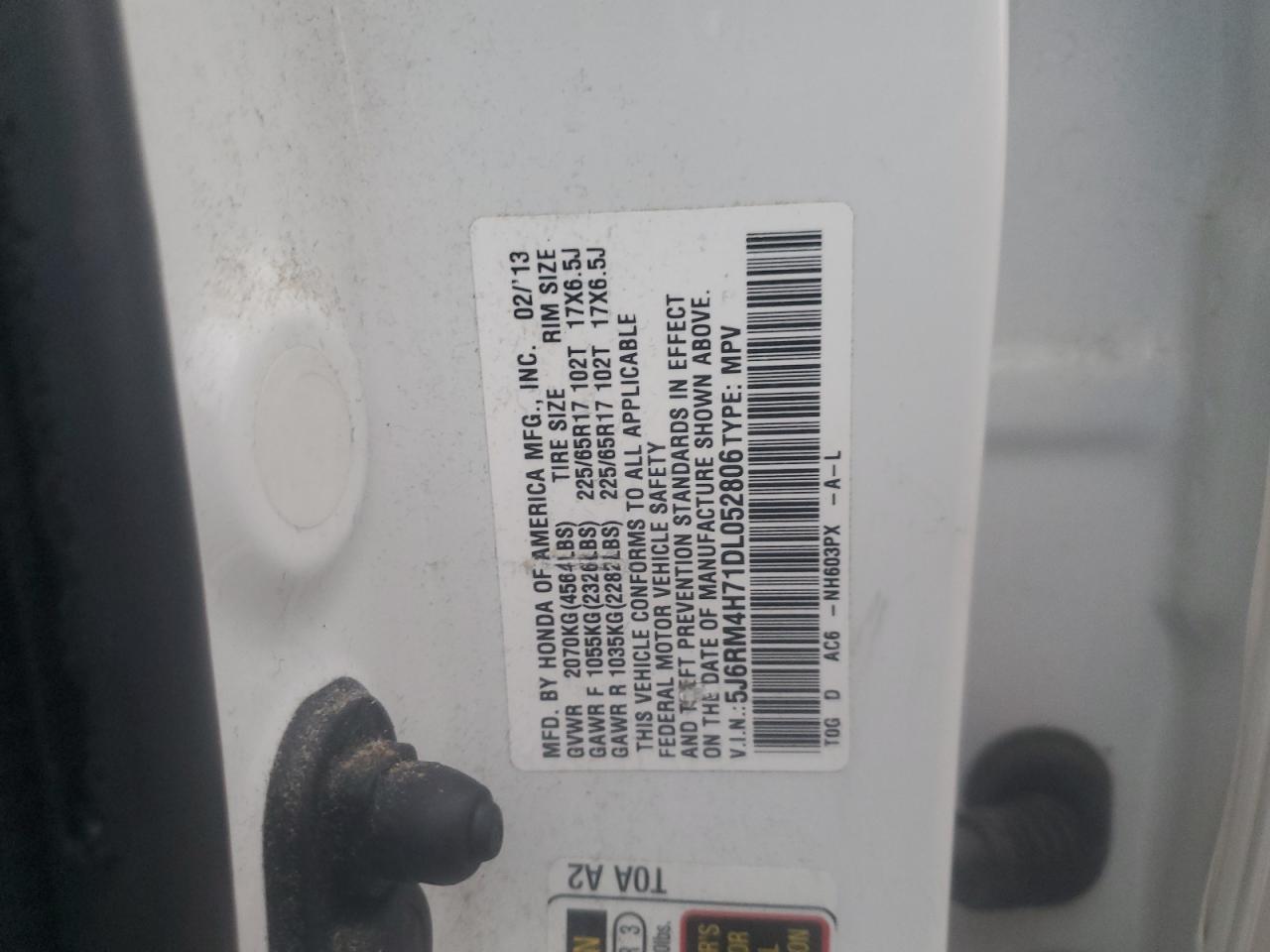 2013 Honda Cr-V Exl VIN: 5J6RM4H71DL052806 Lot: 81604865