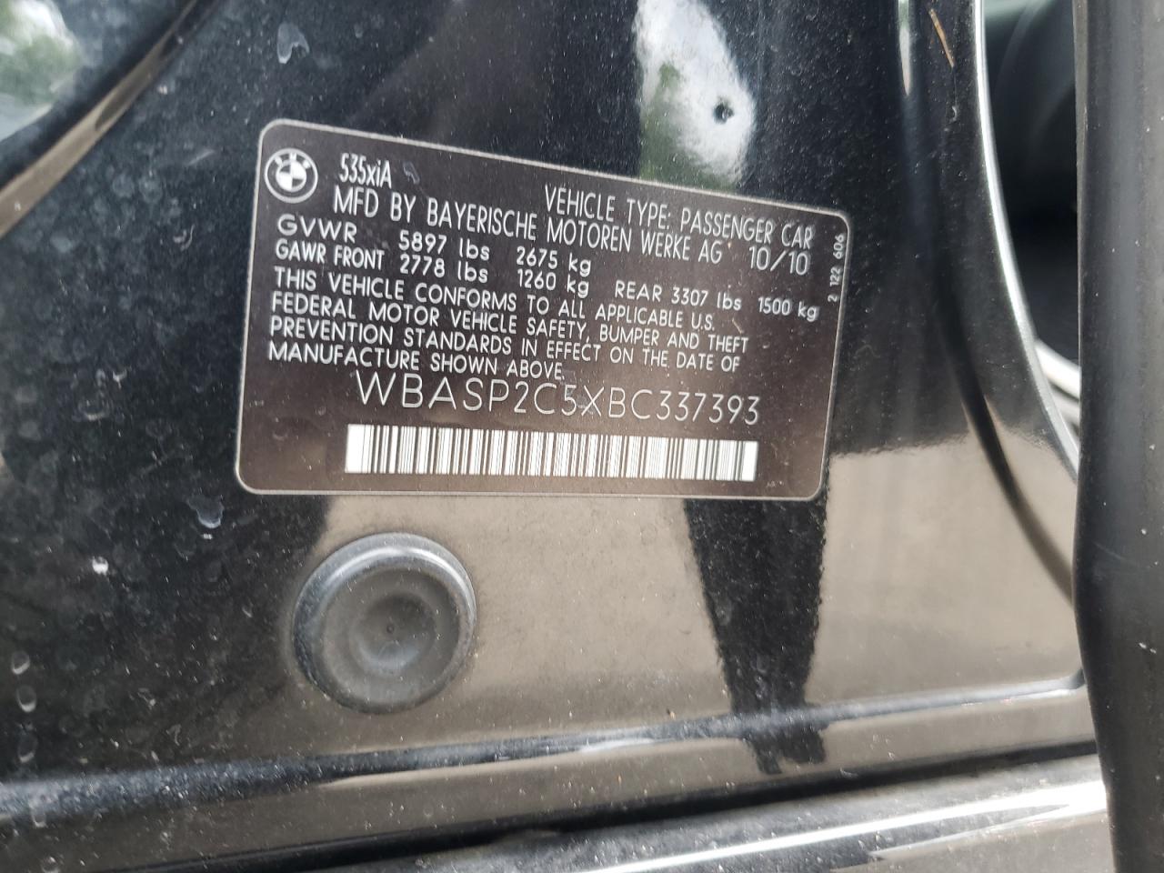 2011 BMW 535 Xigt VIN: WBASP2C5XBC337393 Lot: 81164385