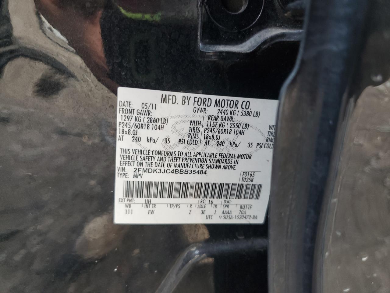 2011 Ford Edge Sel VIN: 2FMDK3JC4BBB35484 Lot: 81561435