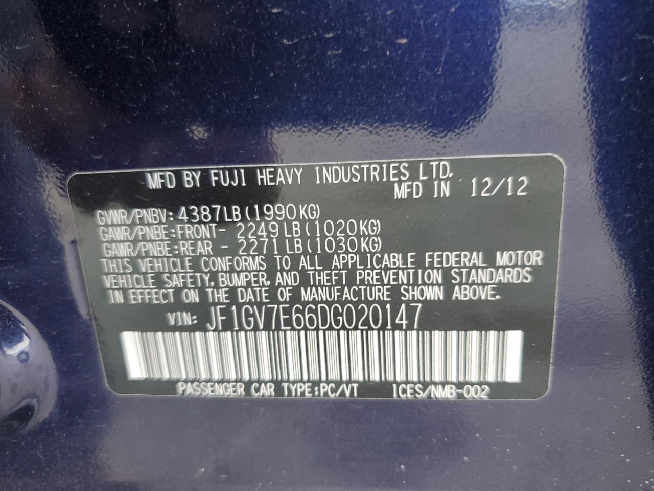 2013 Subaru Impreza Wrx VIN: JF1GV7E66DG020147 Lot: 80020695