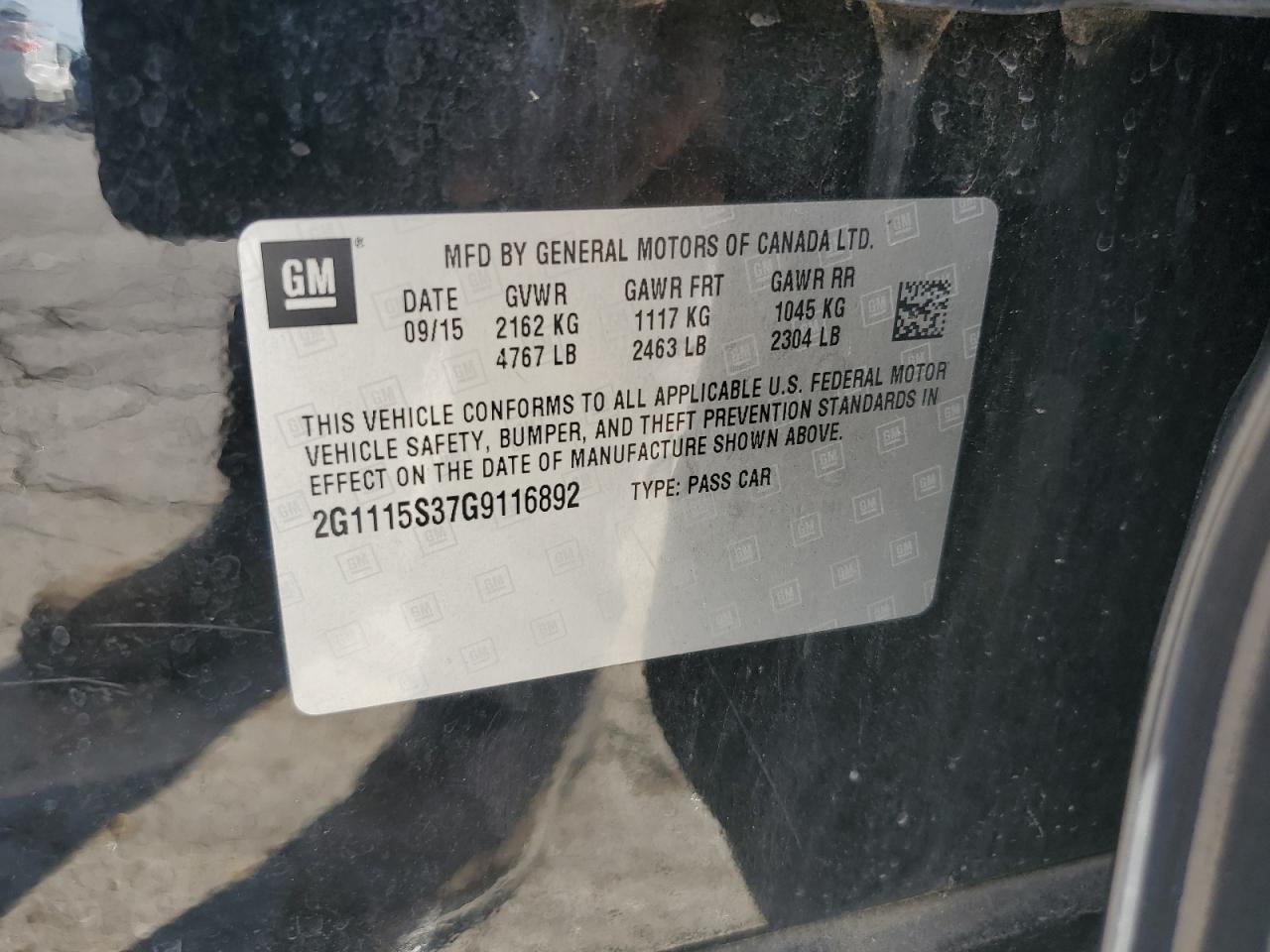 2016 Chevrolet Impala Lt VIN: 2G1115S37G9116892 Lot: 80850155