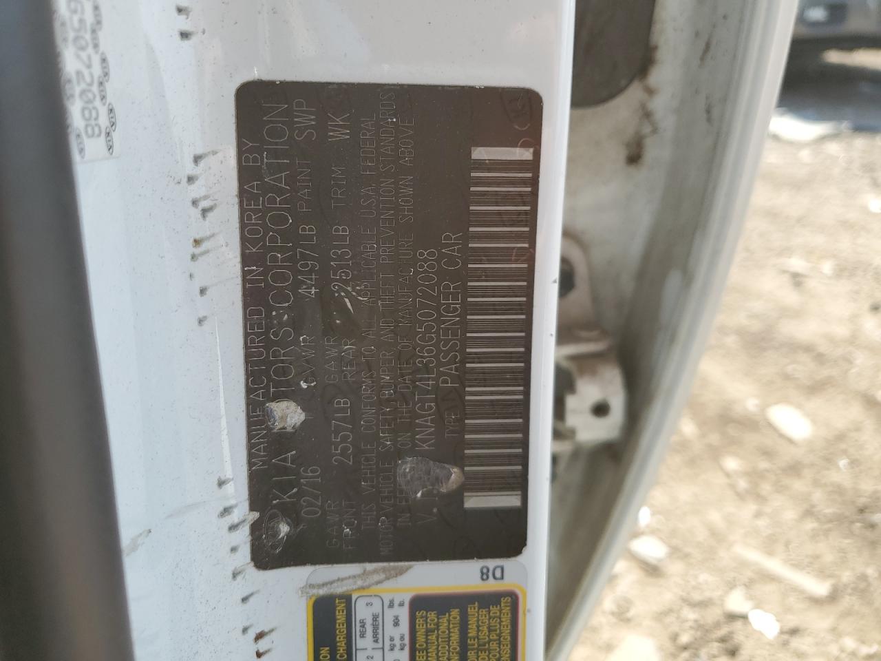 2016 Kia Optima Lx VIN: KNAGT4L36G5072088 Lot: 81253805