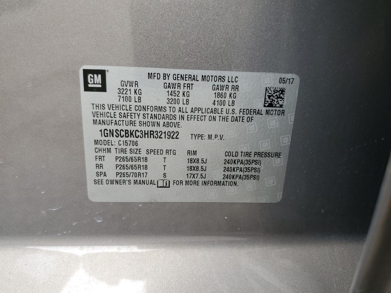 2017 Chevrolet Tahoe C1500 Lt VIN: 1GNSCBKC3HR321922 Lot: 80565995