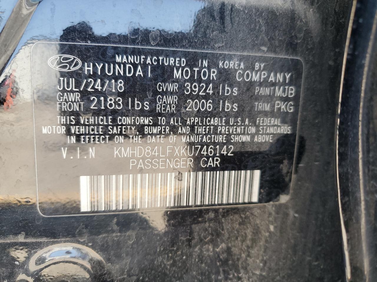 2019 Hyundai Elantra Sel VIN: KMHD84LFVKU746142 Lot: 71819305