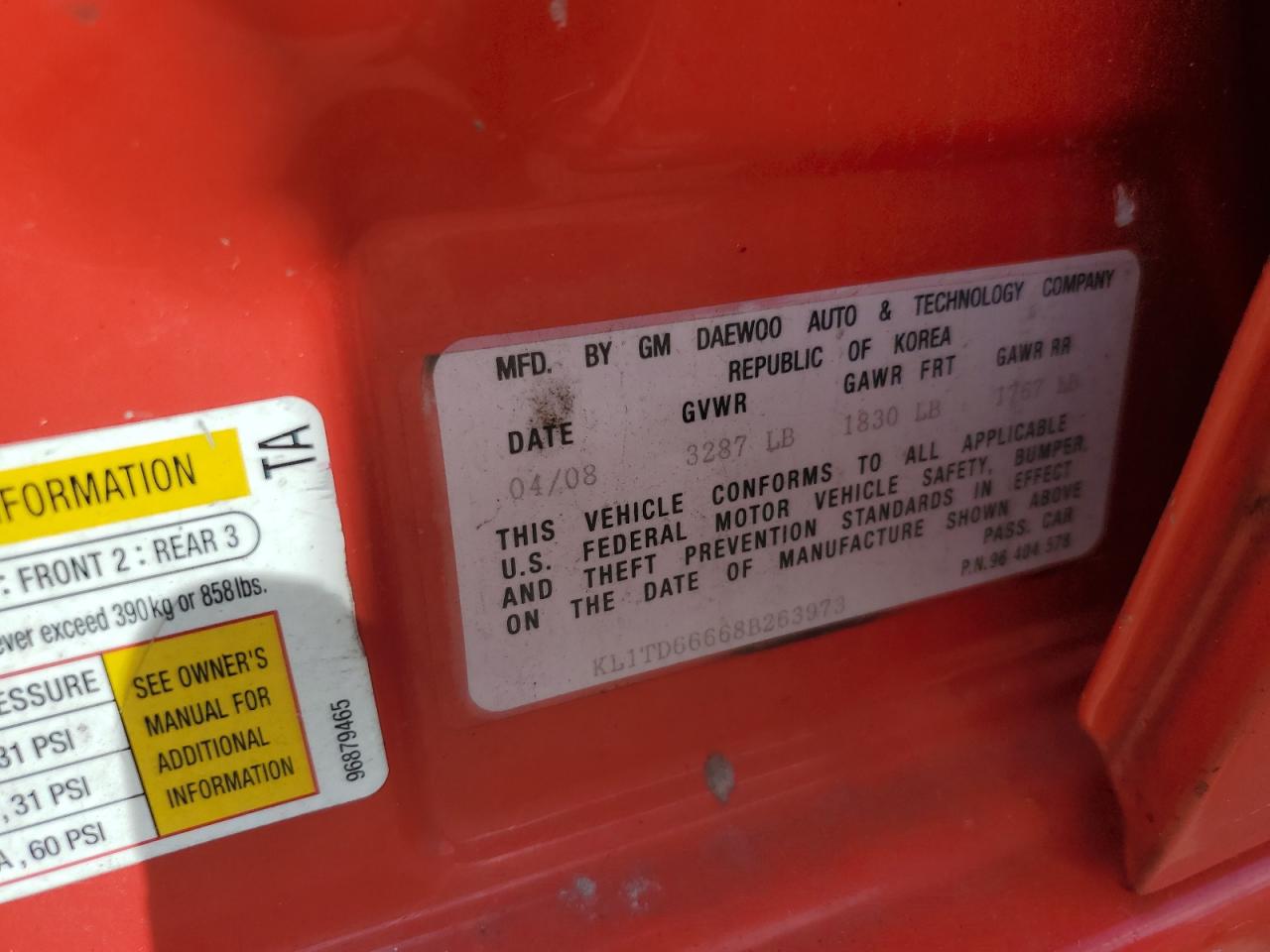 2008 Chevrolet Aveo Base VIN: KL1TD66668B263973 Lot: 81762485