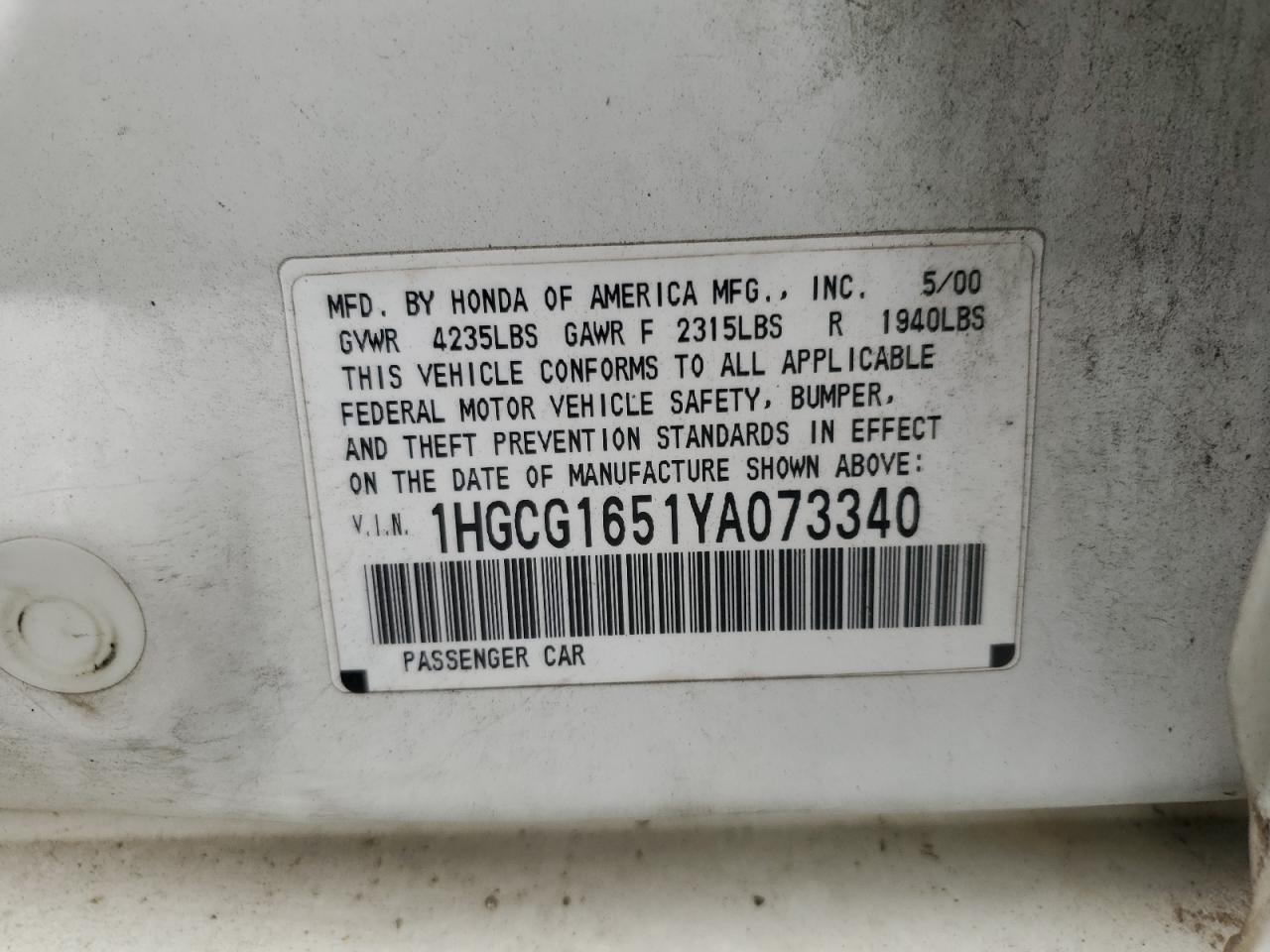 2000 Honda Accord Ex VIN: 1HGCG1651YA073340 Lot: 81642825