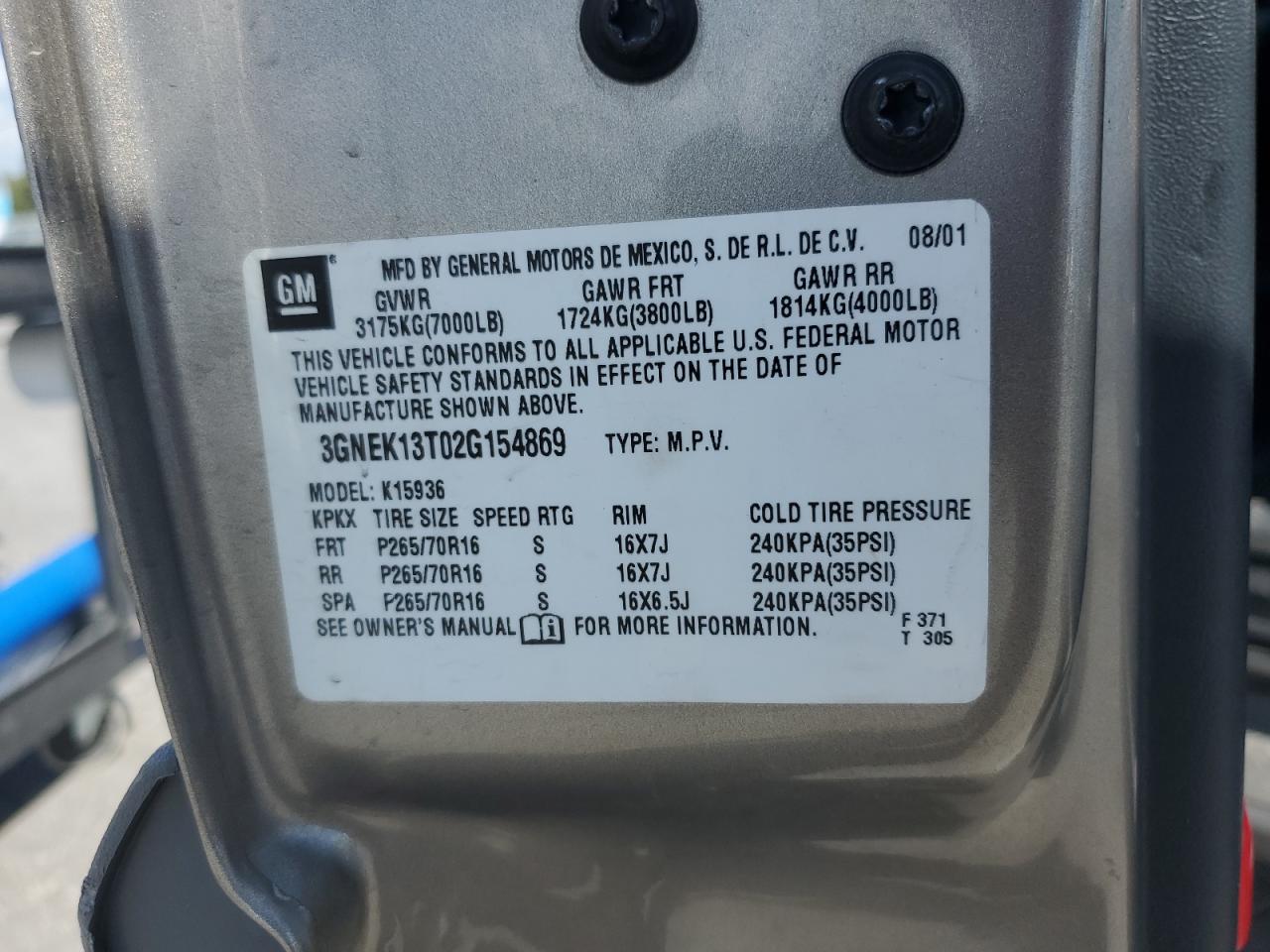 2002 Chevrolet Avalanche K1500 VIN: 3GNEK13T02G154869 Lot: 80347545