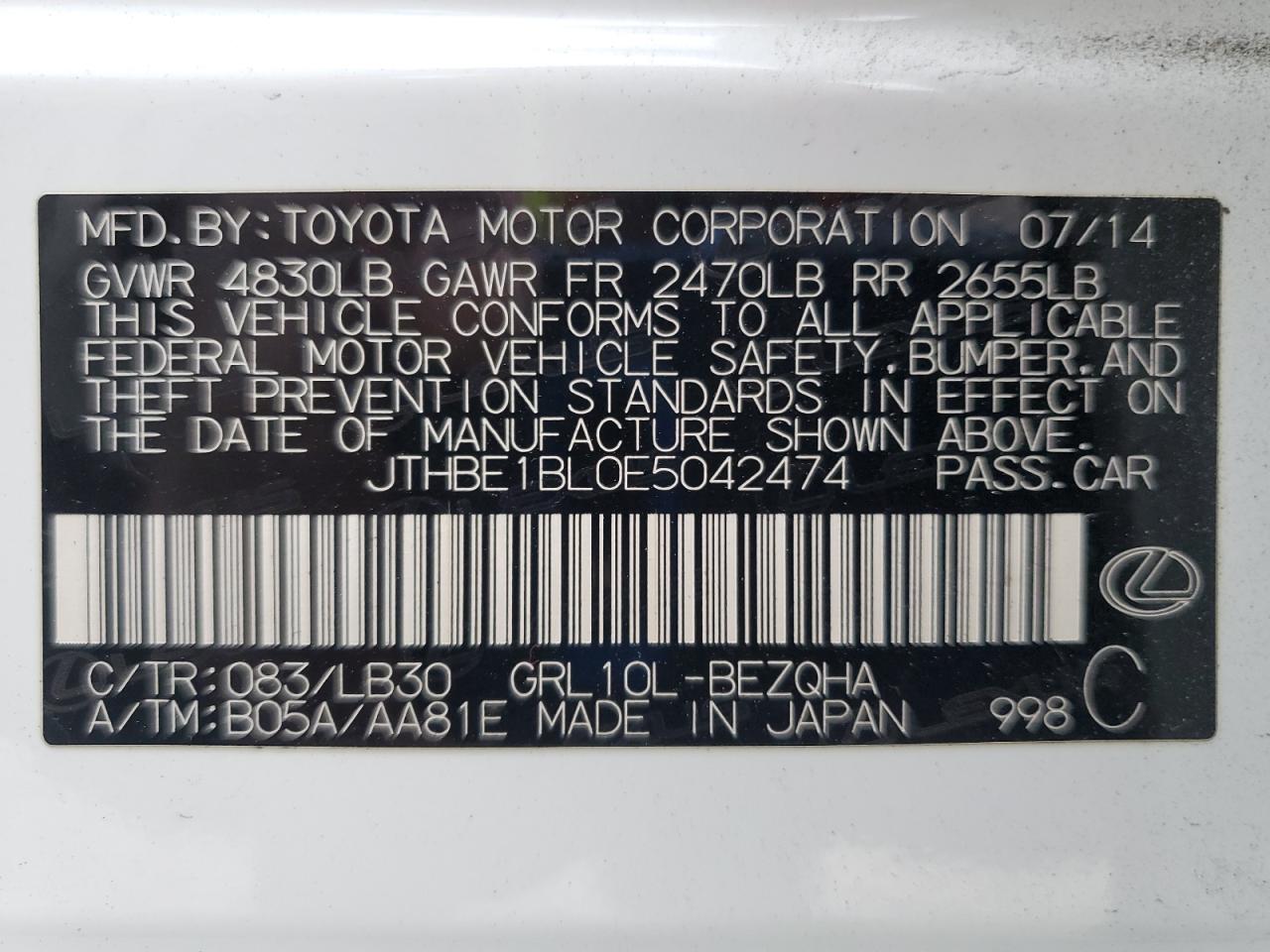 2014 Lexus Gs 350 VIN: JTHBE1BL0E5042474 Lot: 84418575