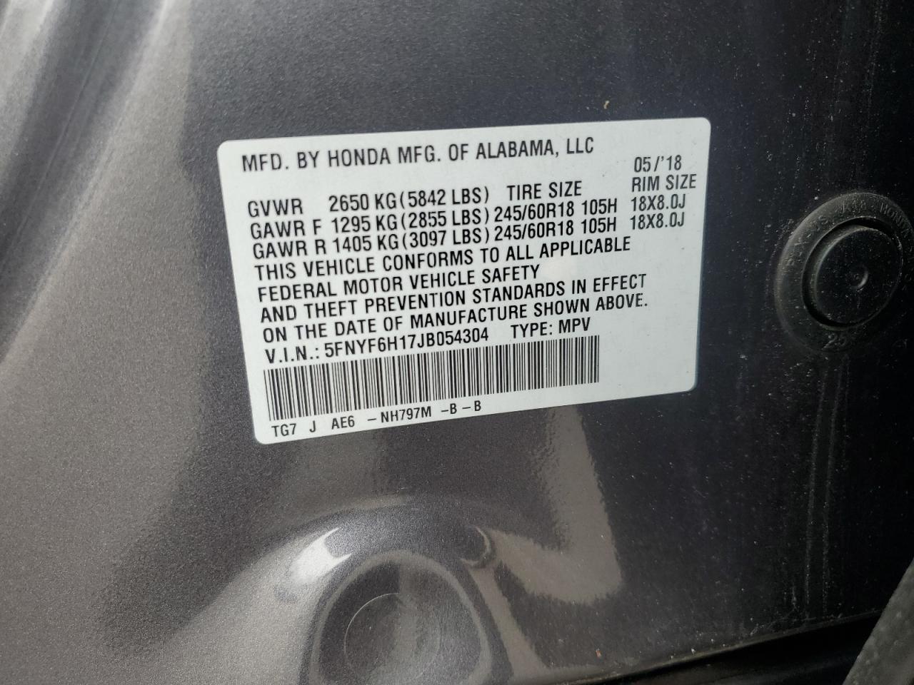 2018 Honda Pilot Lx VIN: 5FNYF6H17JB054304 Lot: 81187215
