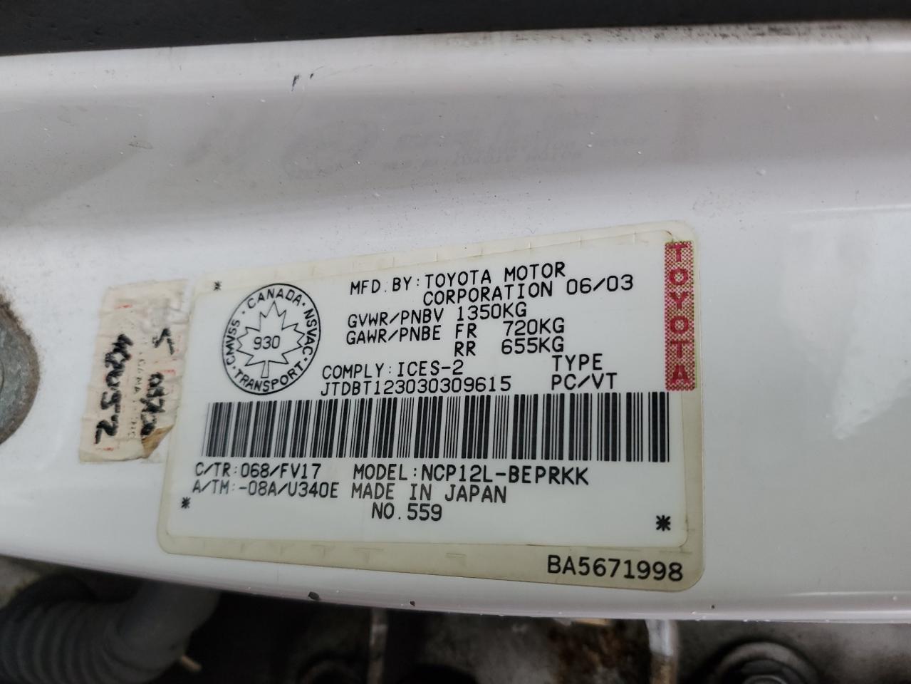 2003 Toyota Echo VIN: JTDBT123030309615 Lot: 71087345