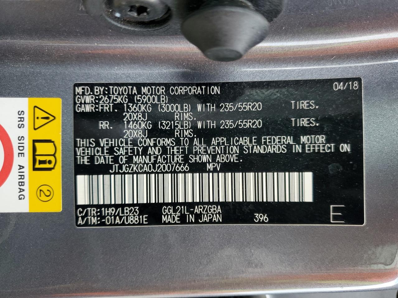 2018 Lexus Rx 350 L VIN: JTJGZKCA0J2007666 Lot: 80500955