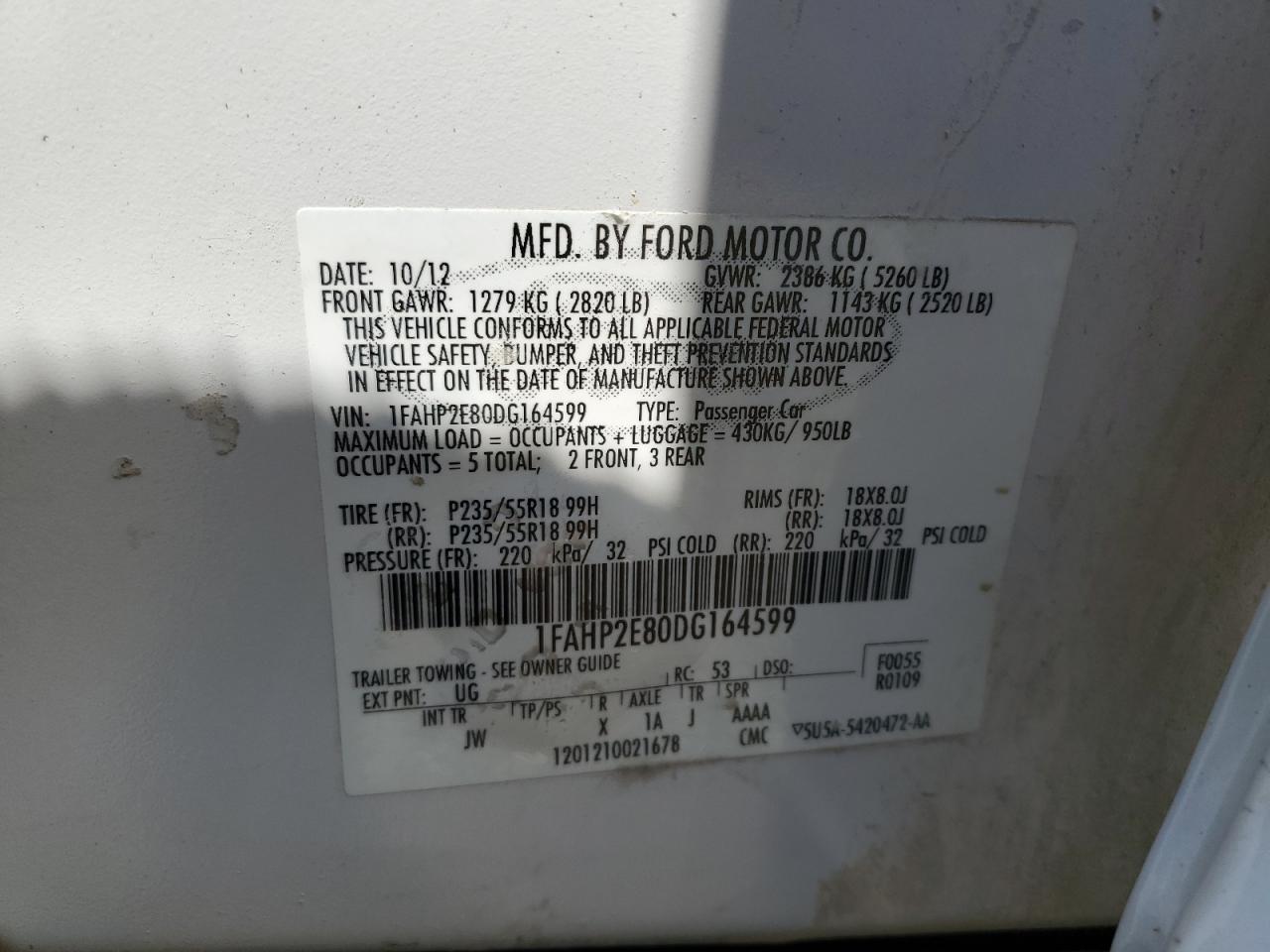 2013 Ford Taurus Sel VIN: 1FAHP2E80DG164599 Lot: 71154905