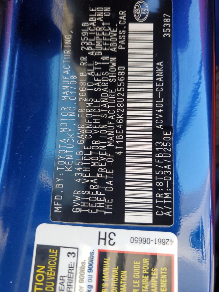 2008 Toyota Camry Ce VIN: 4T1BE46K28U255680 Lot: 81249545