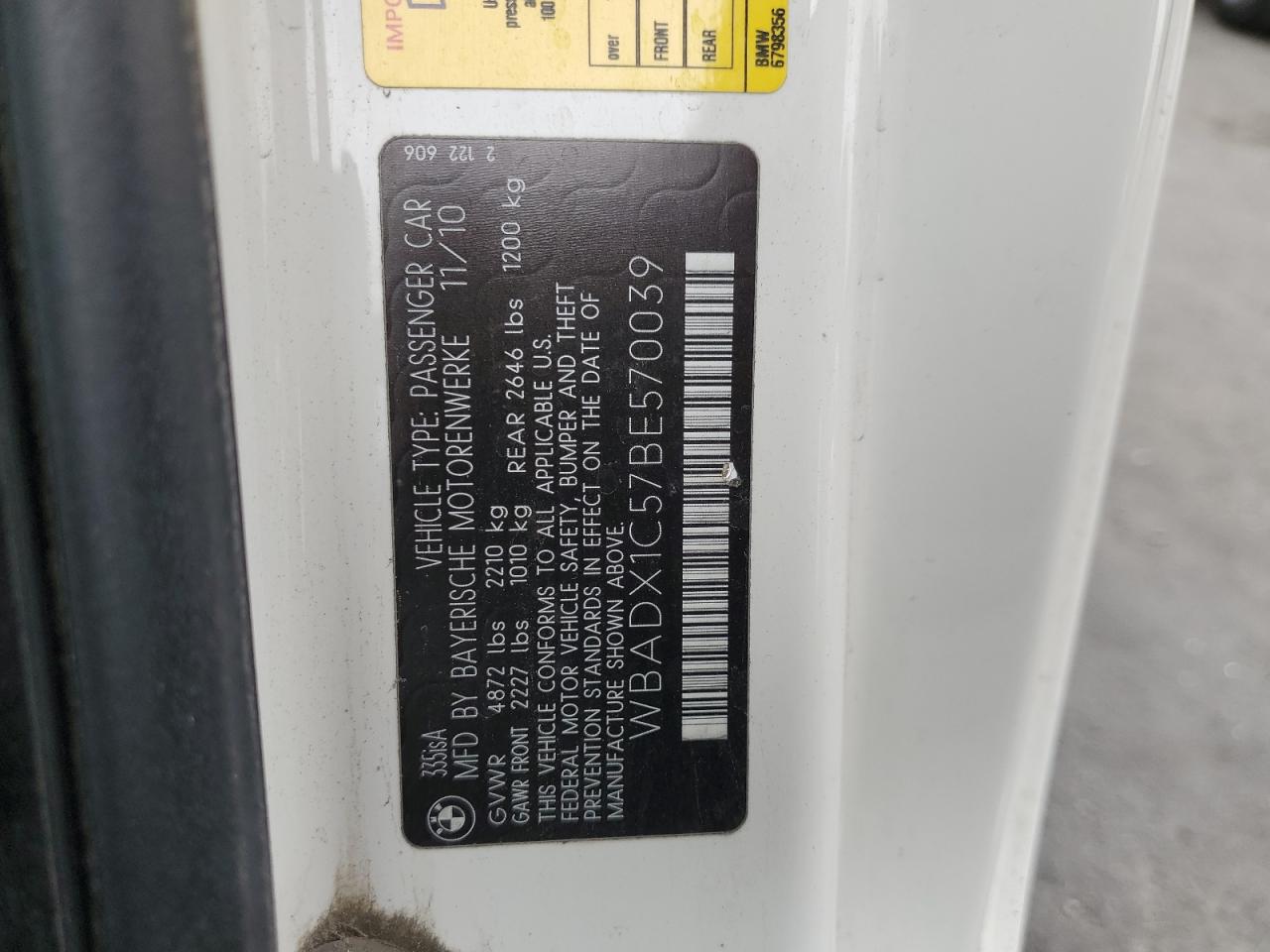 2011 BMW 335 Is VIN: WBADX1C57BE570039 Lot: 81875055