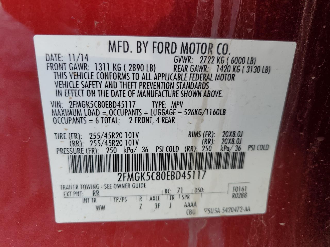 2014 Ford Flex Sel VIN: 2FMGK5C80EBD45117 Lot: 81839575