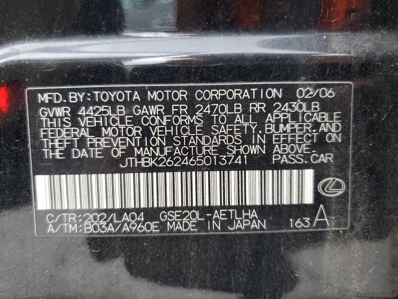 2006 Lexus Is 250 VIN: JTHBK262465013741 Lot: 81658515