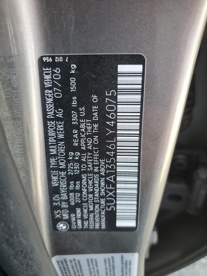 2006 BMW X5 3.0I VIN: 5UXFA13546LY46075 Lot: 80586035