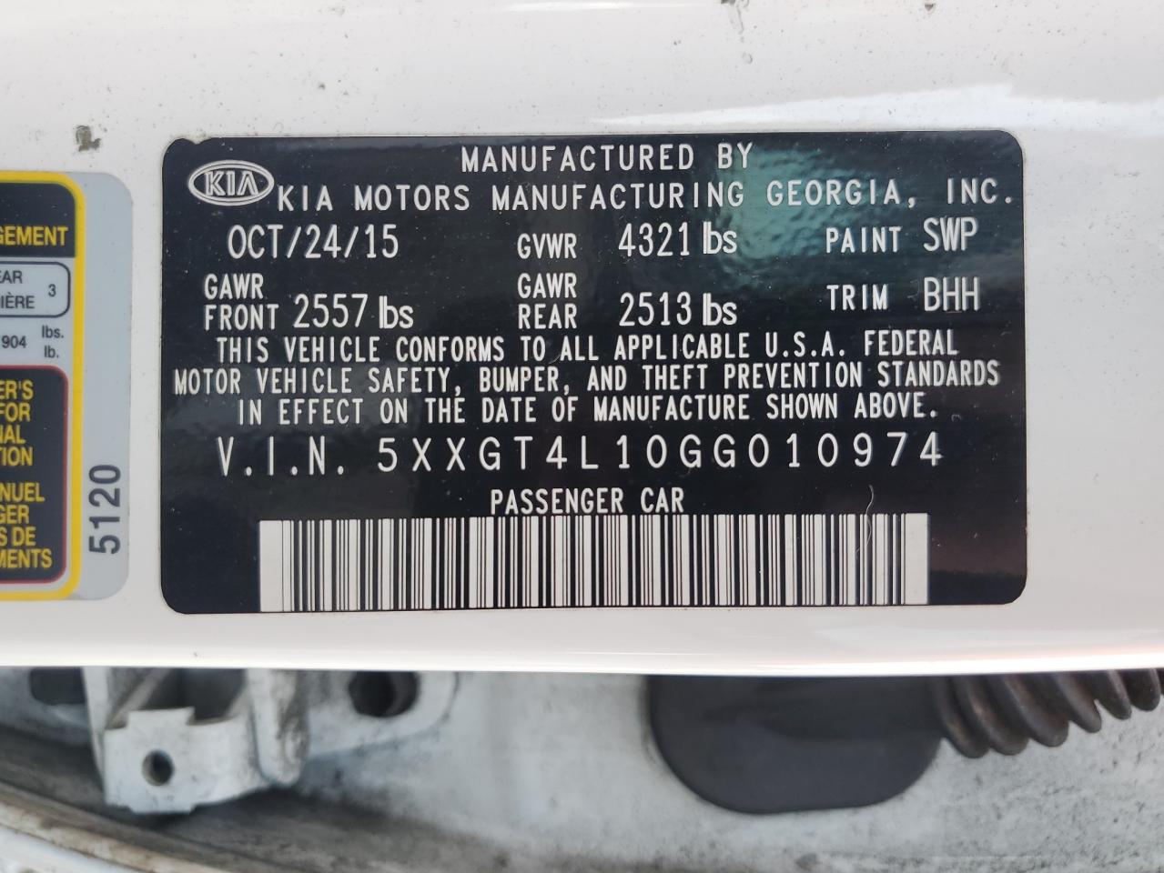 2016 Kia Optima Lx VIN: 5XXGT4L10GG010974 Lot: 81599515