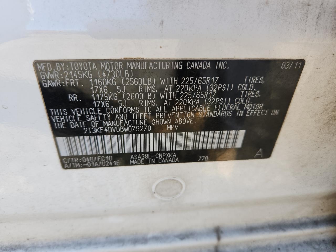 2011 Toyota Rav4 VIN: 2T3KF4DV0BW079270 Lot: 81808315