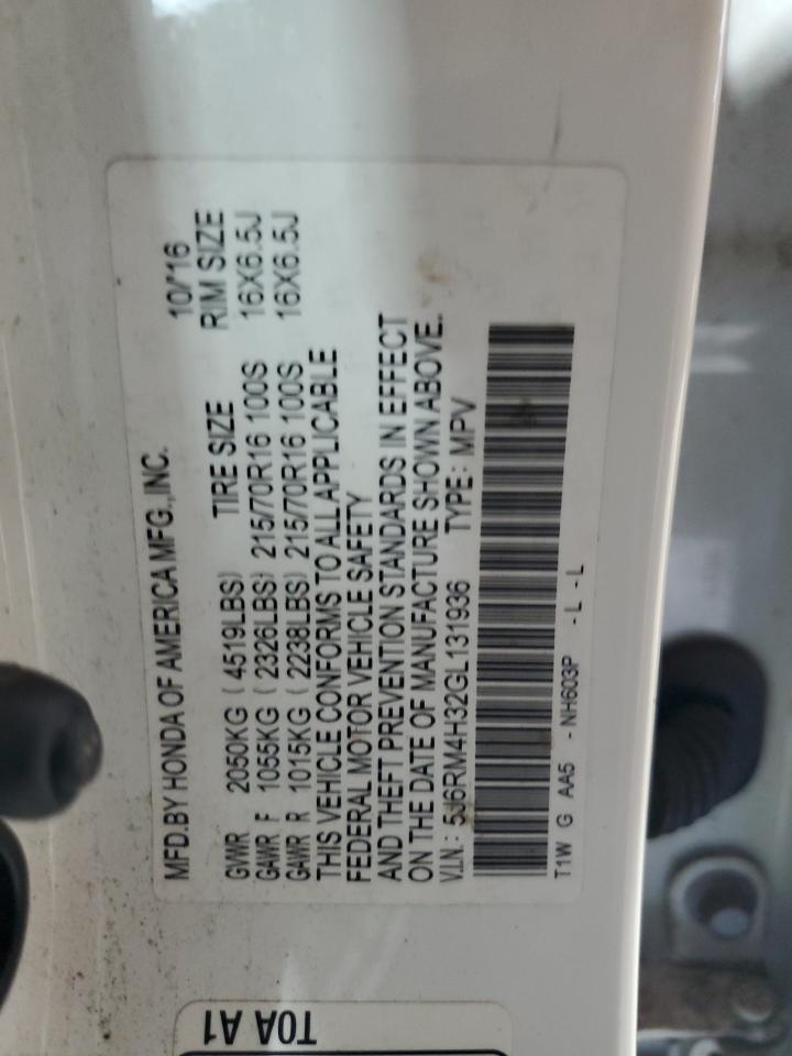 2016 Honda Cr-V Lx VIN: 5J6RM4H32GL131936 Lot: 72097315