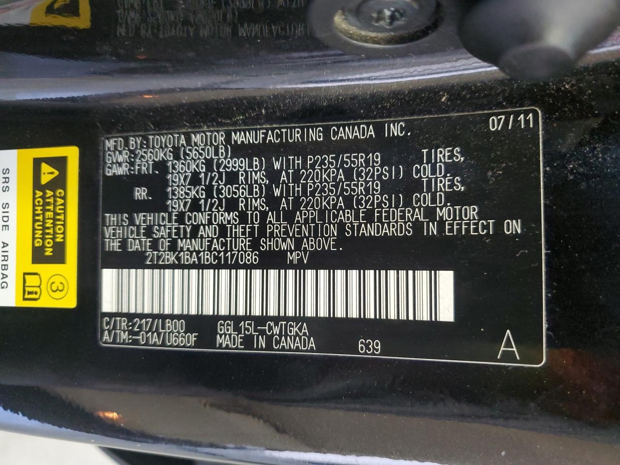 2011 Lexus Rx 350 VIN: 2T2BK1BA1BC117086 Lot: 80346605