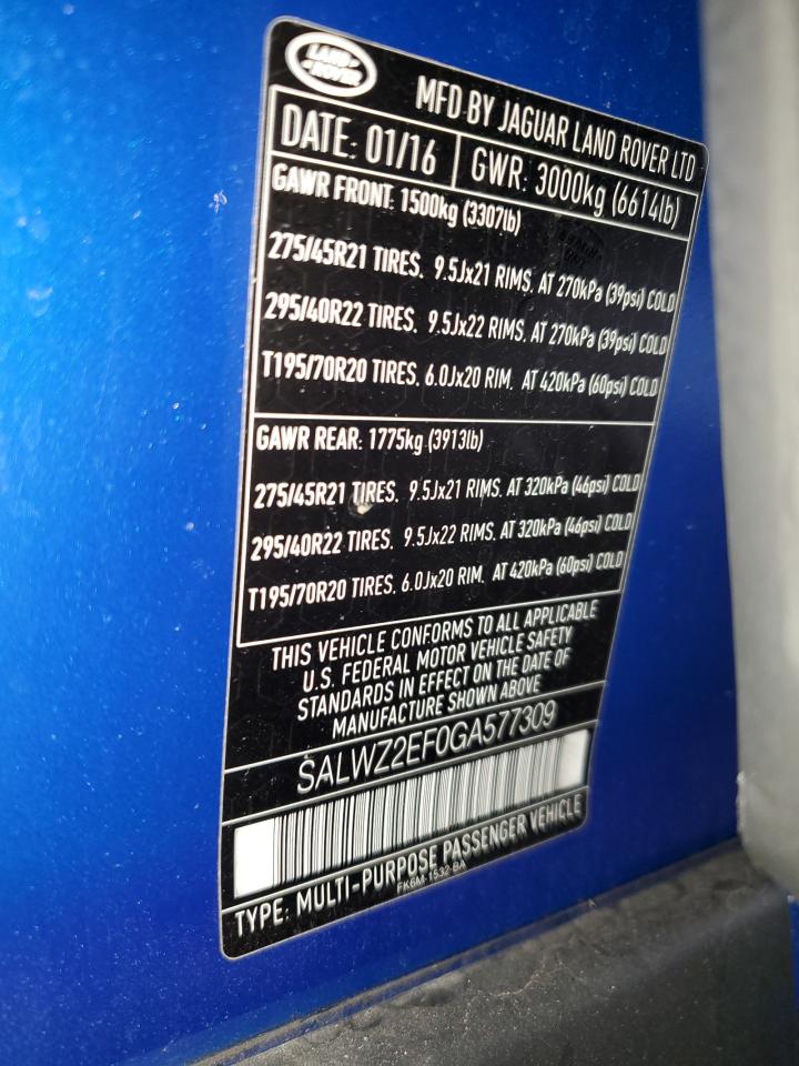 2016 Land Rover Range Rover Sport Svr VIN: SALWZ2EF0GA577309 Lot: 72097575